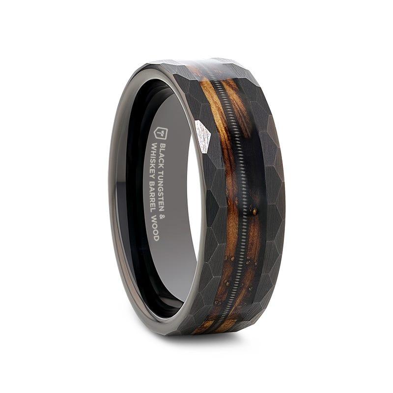 RIFF Black Tungsten Band with Charred Whiskey Barrel & Guitar String Inlay 