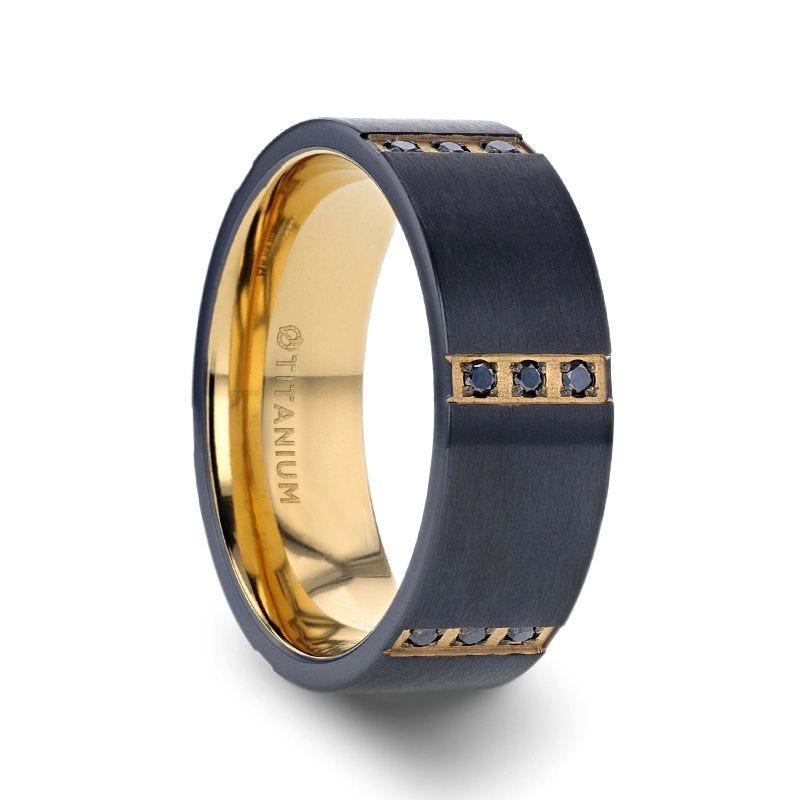 Titanium Wedding Band w/ Black Diamonds & Gold Plate 