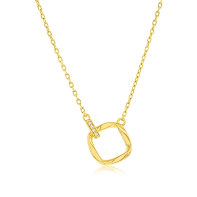 Twisted Square & Oval Pave CZ Necklace - Yellow Gold Plated 