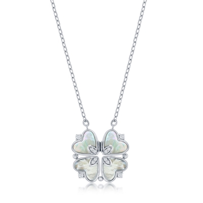 Sterling Mother of Pearl & CZ Heart Flower Necklace 