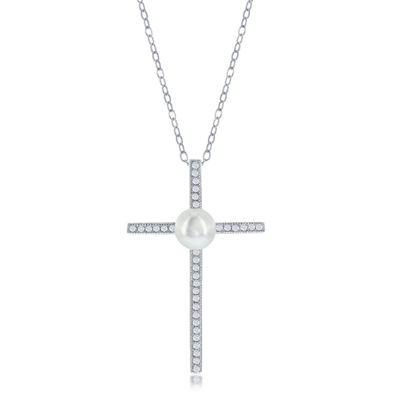 Sterling Pearl and CZ Cross Necklace 