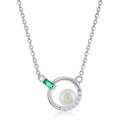 Sterling Emerald Baguette CZ Circle & Pearl Necklace 