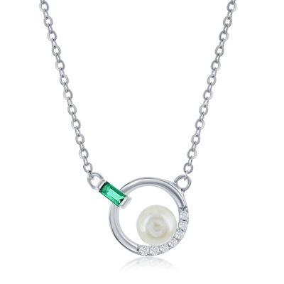 Sterling Emerald Baguette CZ Circle & Pearl Necklace 