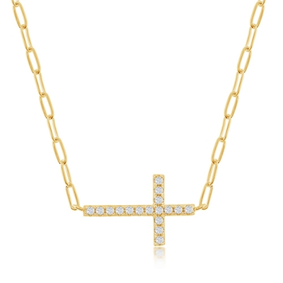 Sterling Yellow Gold Plate CZ East to West Cross 