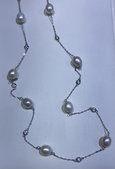 SS Freshwater/CZ Pearl Necklace 24" 