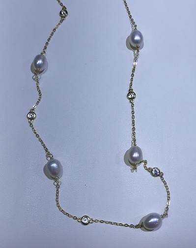 SS YG Freshwater/CZ Pearl Necklace 24" 